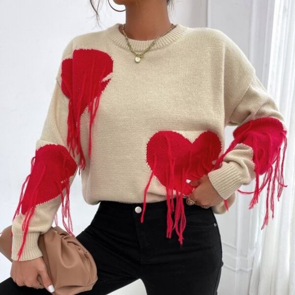 . Sweaters - Love One Another Heart Pattern Fringe Trim Sweater